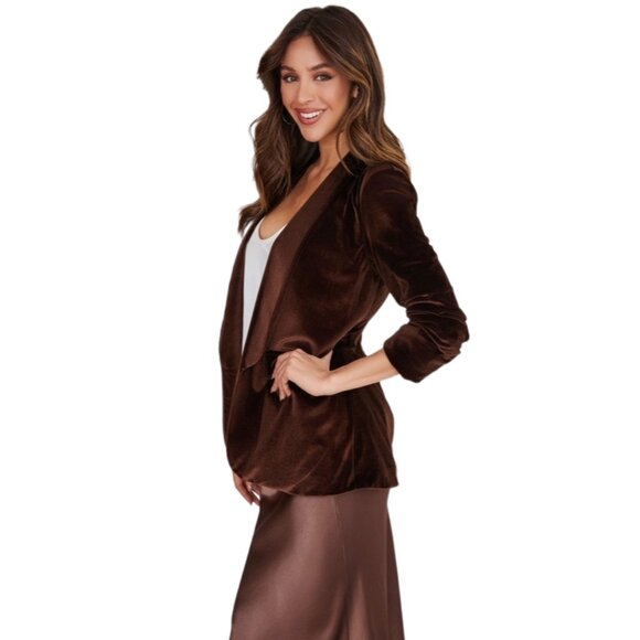 VENTI SEI (Venti6) Chocolate Brown Ruched Sleeve Velvet Blazer 80172-VELVET - Picture 3 of 5